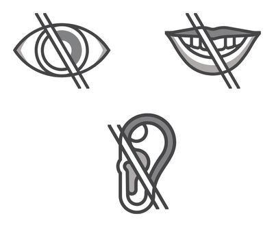 Drawing of an eye, mouth and ear, all crossed out to indicate lack of sight, speech and hearing