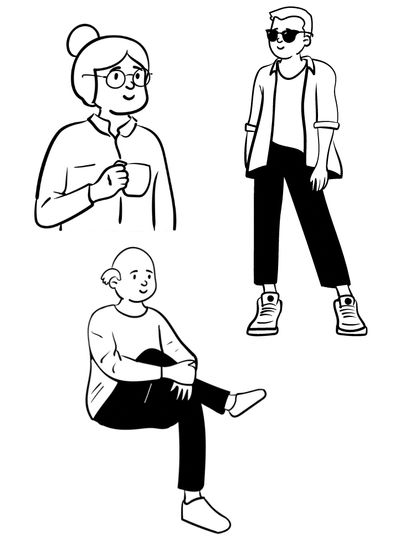 Tegning af forskellige mennesker, herunder en ældre dame med en kaffekop, en ung smart fyr med mørke solbriller og en skaldet mand, der sidder ned