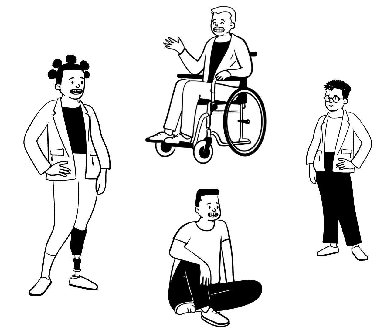 Tegning af forskellige mennesker, herunder mænd og kvinder, med og uden briller, en med et kunstigt ben og en, der bruger kørestol. De fleste er glade, men en ser lidt bekymret eller nedtrykt ud
