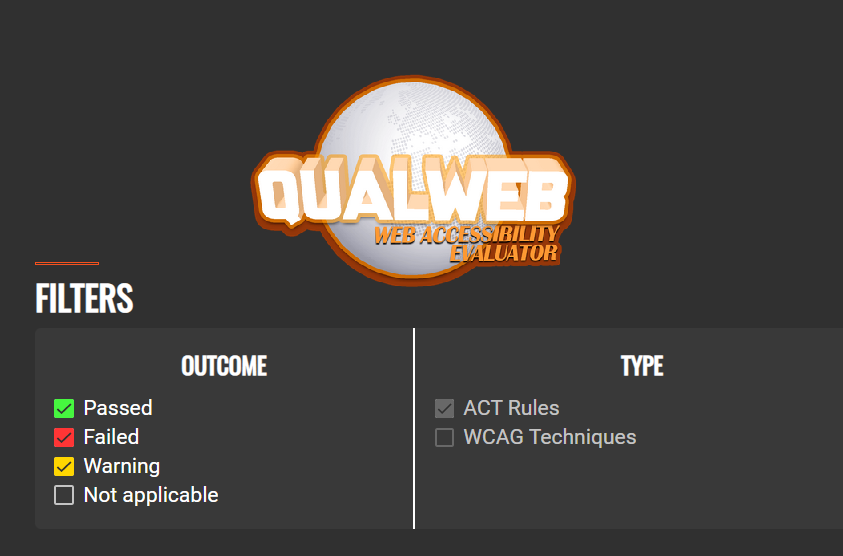 QualWeb testværktøj, viser QualWebs logo og nogle filtreringsmuligheder